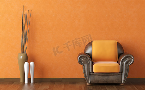 皮革图片摄影照片_室内设计橙色墙和棕色的沙发