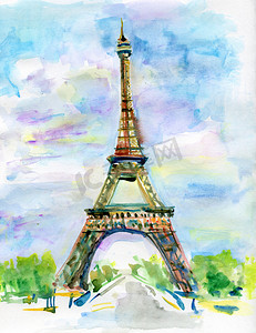 高饱和背景摄影照片_巴黎市的水彩画。绘画的埃菲尔铁塔