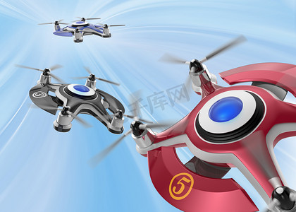 racing摄影照片_Red racing drones chasing in the sky