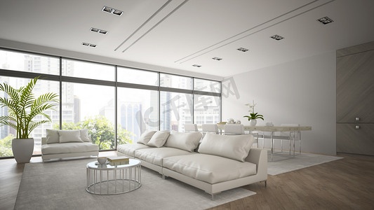书摄影照片_内部的白色沙发 3d 渲染与现代阁楼