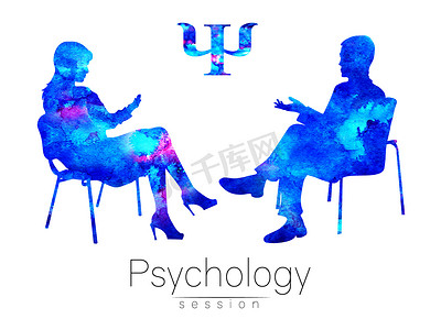 科技蓝色会议摄影照片_心理学家和客户端。心理治疗。心理治疗会议。心理辅导。男人女人坐在说话。剪影。蓝色的配置文件。近代符号标志。设计概念。标志