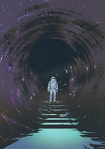 宇航员在轻型楼梯上寻找一个神秘的黑洞, 风格, 插图绘画