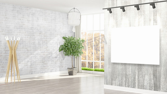 家具海报绿色摄影照片_现代室内与空框架。3d 渲染