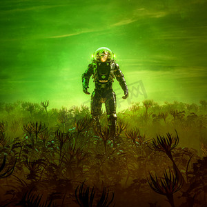 科幻未来科技摄影照片_金星花园/三维超现实科幻场景图解- -孤独的宇航员在外星植物的田野中漫步