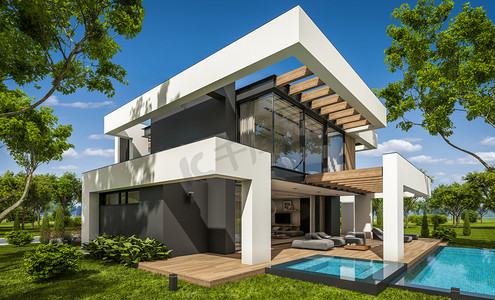 别墅风格摄影照片_三维渲染现代舒适的房子，带有游泳池和停车场出售或租赁的豪华风格和美丽的背景景观。夏日阳光明媚，蓝蓝的天空.