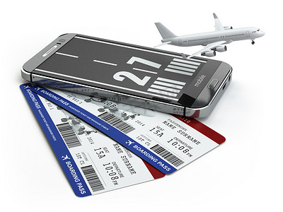 购买航空公司机票在线的概念。智能手机或移动卧佛寺