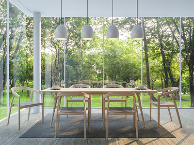 现代餐厅玻璃房子 3d 渲染图像中