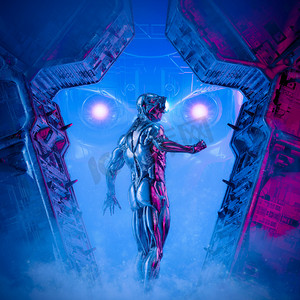 科幻朋克摄影照片_泰坦/ 3D科幻小说机器人准备面对邪恶巨型机器人的霸主