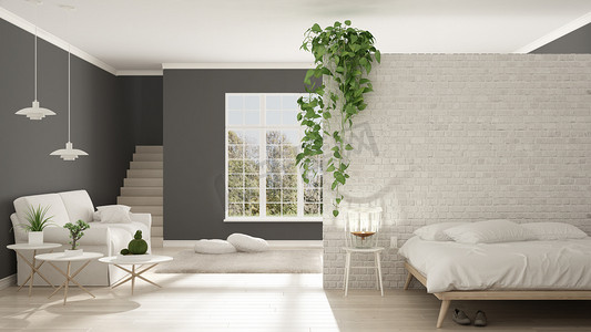 极简生活摄影照片_斯堪的纳维亚的白色和灰色的极简生活与卧室，打开