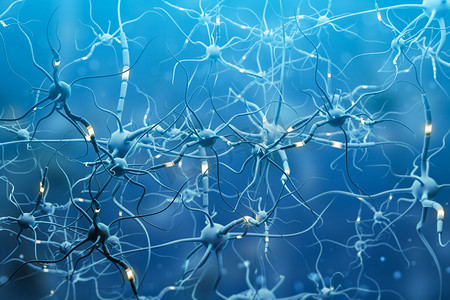动态科技背景摄影照片_蓝色的神经元, 蓝色的背景上有发光的片段。神经元接口和计算机科学概念。3d 渲染复制空间