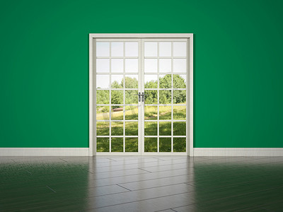 绿地产摄影照片_绿墙背景上的白色房间门