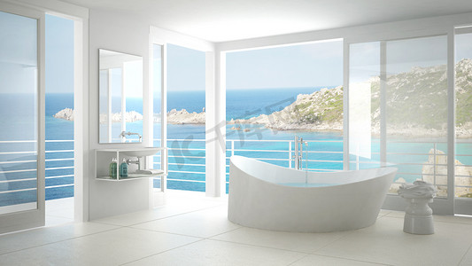 简单的工程建筑摄影照片_极简主义浴室有大浴缸和全景窗口，医院