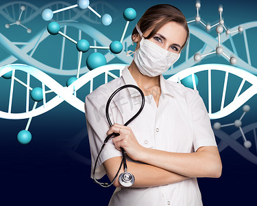 蓝色科科技背景摄影照片_医生在白色外套和 dna 分子公式