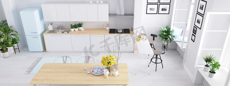 地产奢华摄影照片_顶视图现代北欧厨房在阁楼的公寓里。3d 渲染