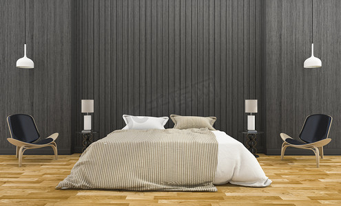 舒适睡眠摄影照片_3d 渲染现代黑暗的木墙卧室灯