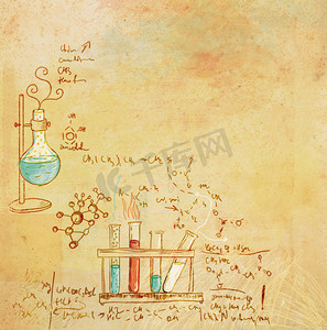 实验器皿摄影照片_旧的化学实验室背景中的复古风格