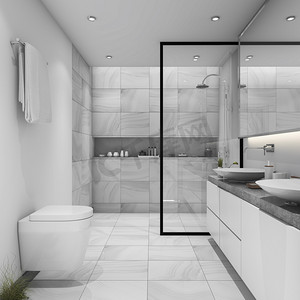 厕所监控摄影照片_3d 呈现白色瓷砖现代浴室