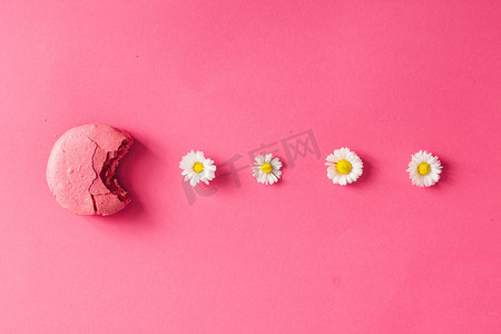 蛋白杏仁饼干与粉红色背景的雏菊