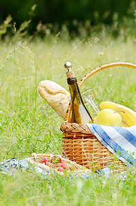 明媚春天摄影照片_在草地上野餐篮子