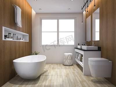 3d 渲染奢华木风格的浴室和厕所