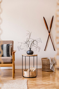 家居风格海报摄影照片_带有时髦沙发和花瓶的现代公寓内部