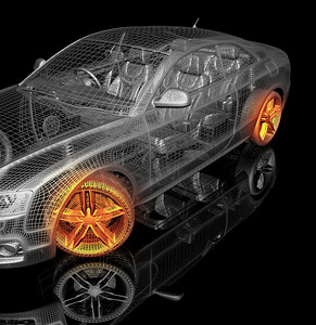 网格科技线摄影照片_黑色背景上的 3d 汽车模型。