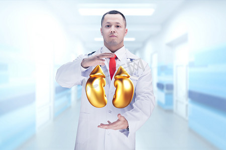 科技和医疗摄影照片_医生在医院手拿听诊器和金肾。高分辨率.