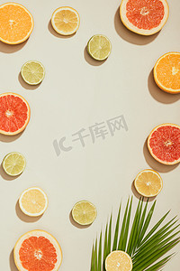 白色背景下棕榈叶、葡萄柚、石灰、柠檬和橙片的全帧图像