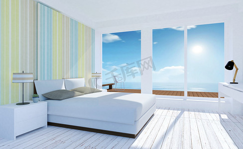 白色和舒适的小卧室室内夏天海景