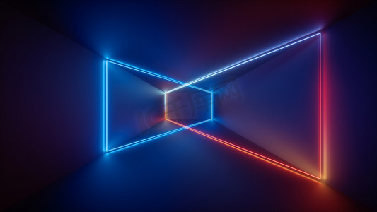 粒子光线汇聚摄影照片_3d 渲染, 激光显示, 夜总会内饰灯, 蓝色红光发光线, 抽象荧光背景, 房间, 走廊