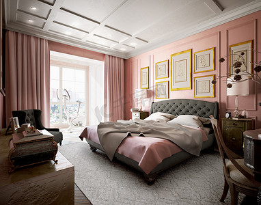 室内设计师图片摄影照片_现代设计的粉色和棕色的主卧室。3d 这