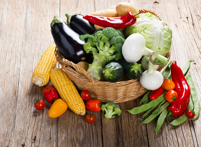 Mix green vegetables in wicker basket