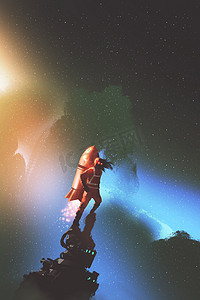 太空人以红色喷气包火箭站对抗满天星斗的天空