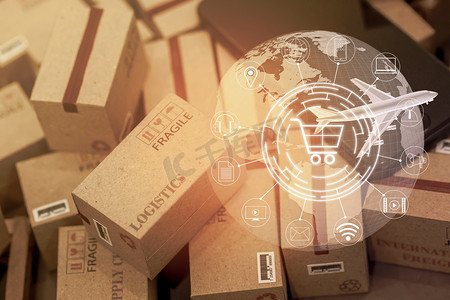 盒装产品和手机。关于运输、国际货运、全球航运、海外贸易、区域、地方运输的想法.