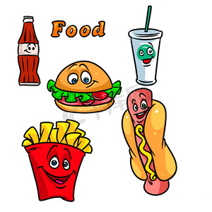 法式炸薯条摄影照片_快餐食品卡通插图汉堡包法式炸薯条