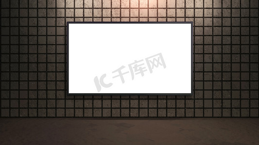 背景墙电视摄影照片_空白白色的宽屏幕电视，棕色砖砌体中的房间