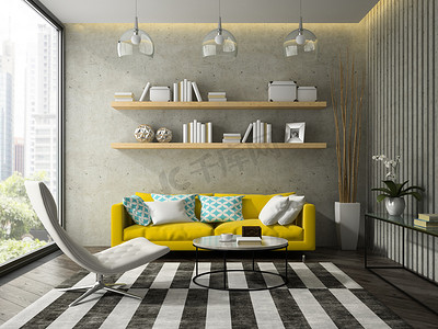 生活方式海报摄影照片_内政部与黄色沙发上 3d 渲染的现代设计室