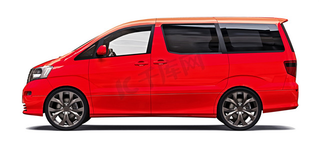 微型客车摄影照片_红色小型面包车，用于运送人员。光面灰色背景上的三维插图。3d 渲染.