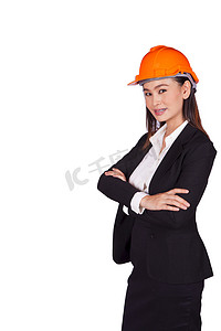 站在她头上的橙色头盔的女工程师