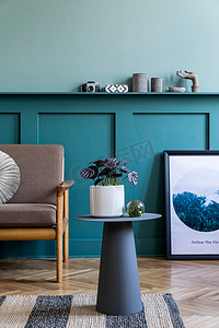 室内家居背景海报摄影照片_舒适时尚沙发的现代绿色室内设计