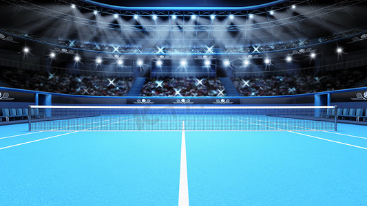 单身人士摄影照片_蓝色网球法院视图和体育场坐满了观众与聚光灯