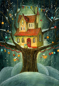 圣诞礼物邀请函摄影照片_雪人、雪人、仙女和横幅组成的树上的圣诞之夜.