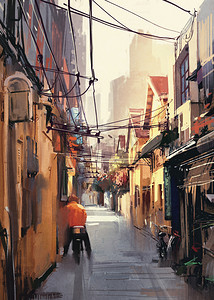 手绘样式摄影照片_在老城狭窄小巷的绘画