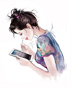 手玩平板电脑手机摄影照片_使用智能手机的触摸屏的黑发女孩
