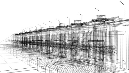 Perspective 3D render of building wireframe