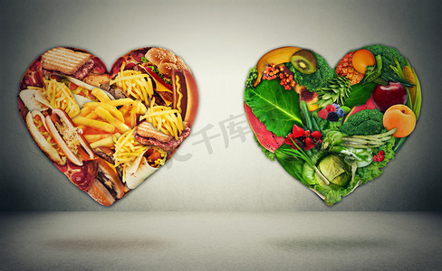 and摄影照片_Diet choice dilemma and heart health concept