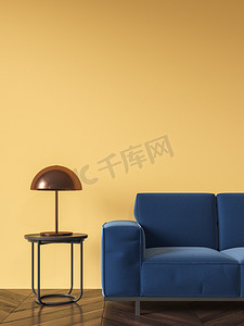 很简单摄影照片_黄色起居室, 蓝色沙发