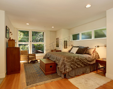 豪华主卧室与硬木地板和棕床上用品.