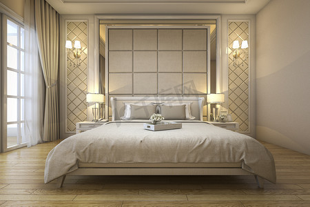 3d 渲染现代豪华经典卧室与大理石装饰