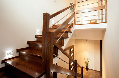 地产奢华摄影照片_木楼梯在家里